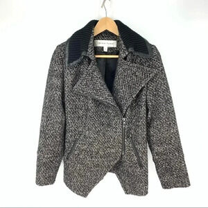 Trina Turk Boucle Tweed Moto zip jacket with leather trim